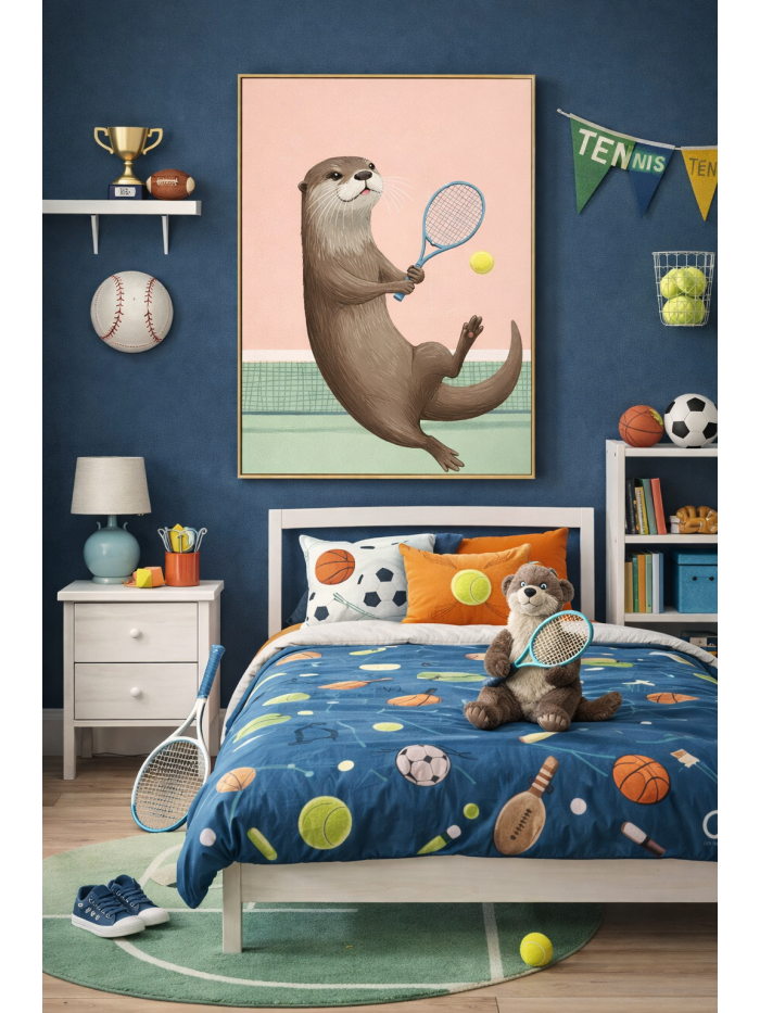 Tennis Otter Wall Art Print – Cute Sports Animal Illustration for Kids Room, Nursery & Modern Home Decor