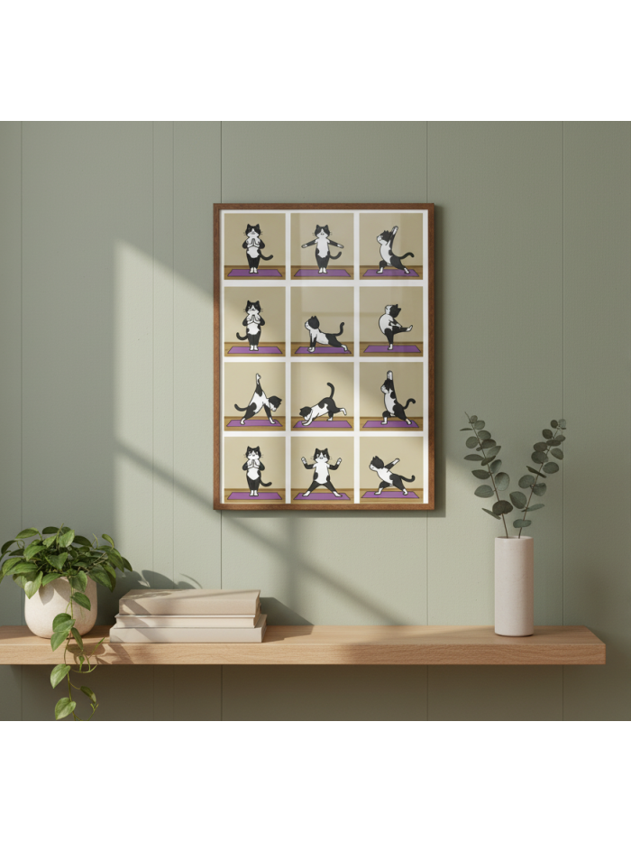 Yoga Cat Art Print, Funny Cartoon Wall Poster, Cute Relaxing Cat Illustration, Humorous Home or Yoga Room Decor, Digital Download