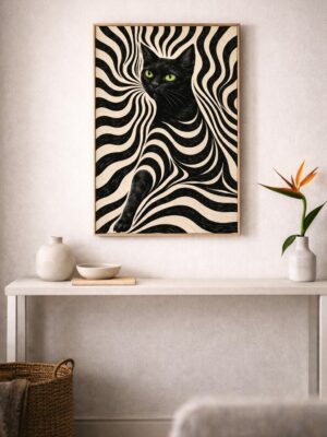 Hypnotic Black Cat – Graphic Op Art Wall Art Print