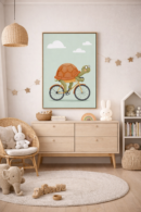 Whimsical Turtle Bicycle Wall Art Print – Cute Animal Illustration for Nursery, Kids Room & Modern Home Decor