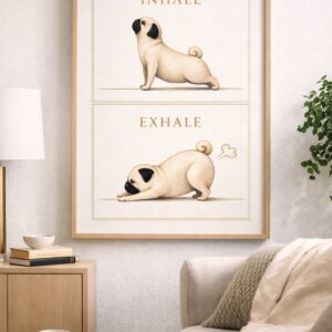 Pug Yoga Wall Art Print, Inhale Exhale Dog Illustration, Mindful Funny Wall Decor, Calm Minimalist Animal Poster