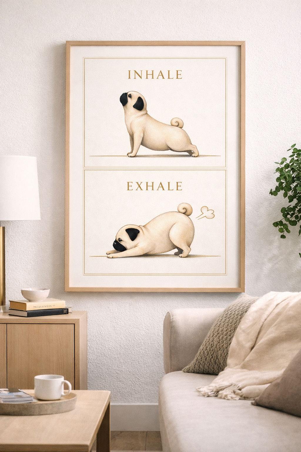 Pug Yoga Wall Art Print, Inhale Exhale Dog Illustration, Mindful Funny Wall Decor, Calm Minimalist Animal Poster