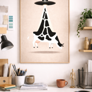 Surreal UFO Cow Wall Art Print, Alien Abduction Illustration, Minimalist Whimsical Animal Poster