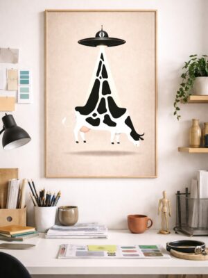 Surreal UFO Cow Wall Art Print, Alien Abduction Illustration, Minimalist Whimsical Animal Poster