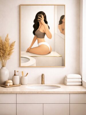 Modern Female Figure Wall Art Print, Minimalist Bathroom Self Portrait Illustration, Contemporary Intimate Art Poster