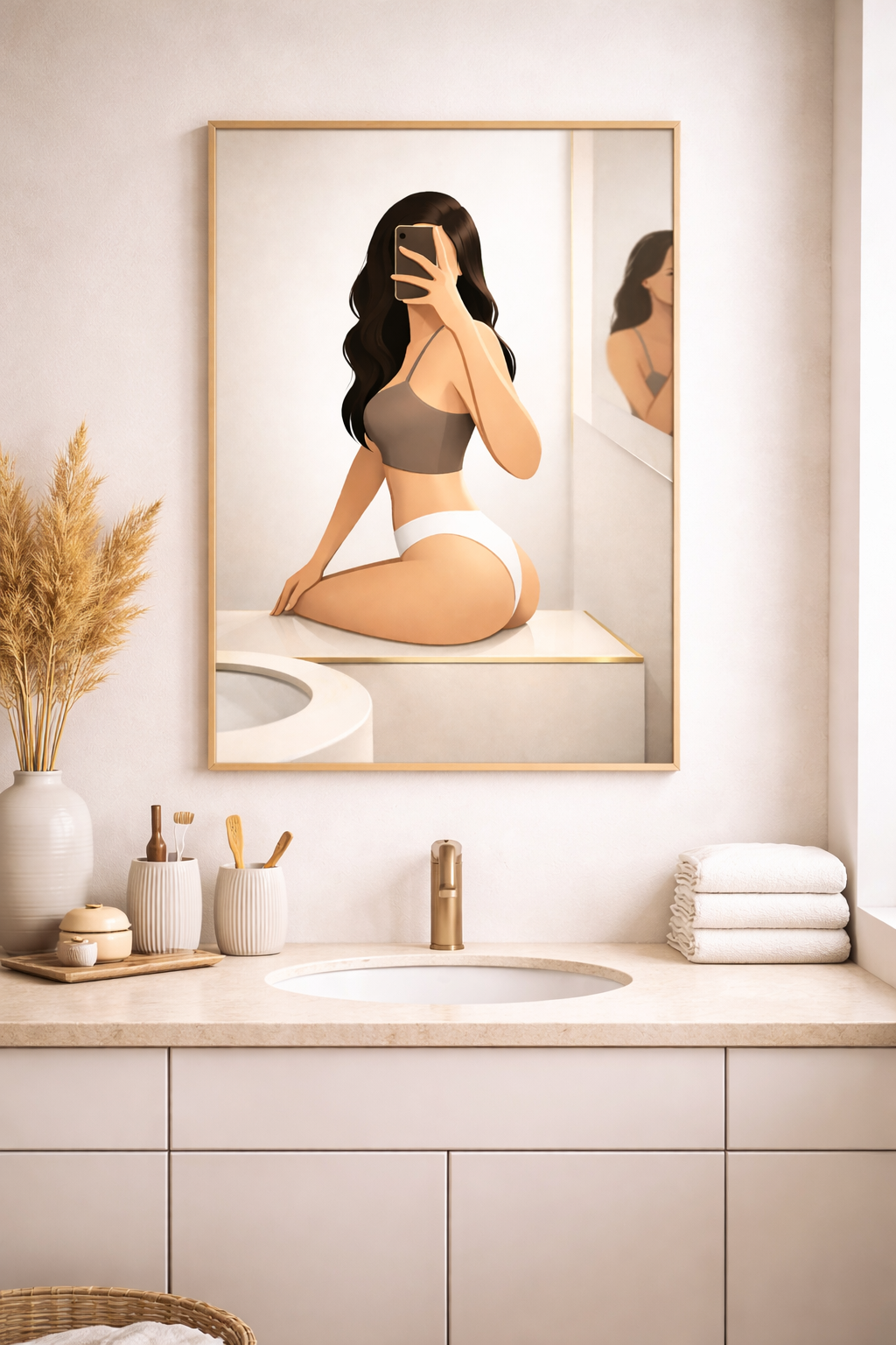 Modern Female Figure Wall Art Print, Minimalist Bathroom Self Portrait Illustration, Contemporary Intimate Art Poster