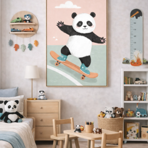 Skateboarding Panda Wall Art Print, Cute Animal Nursery Decor, Kids Room Playroom Illustration, Modern Animal Art