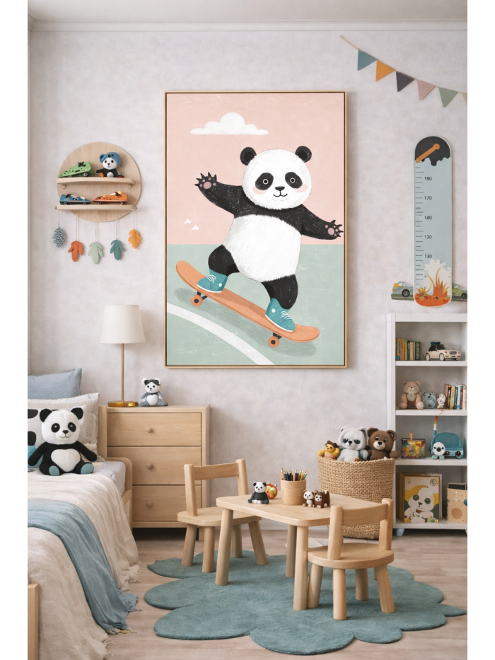 Skateboarding Panda Wall Art Print, Cute Animal Nursery Decor, Kids Room Playroom Illustration, Modern Animal Art
