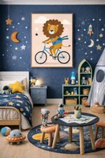 Whimsical Lion Bicycle Wall Art Print – Cute Animal Illustration for Nursery, Kids Room & Modern Home Decor