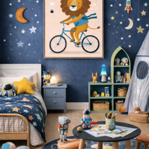 Whimsical Lion Bicycle Wall Art Print – Cute Animal Illustration for Nursery, Kids Room & Modern Home Decor