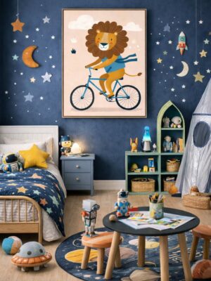 Whimsical Lion Bicycle Wall Art Print – Cute Animal Illustration for Nursery, Kids Room & Modern Home Decor