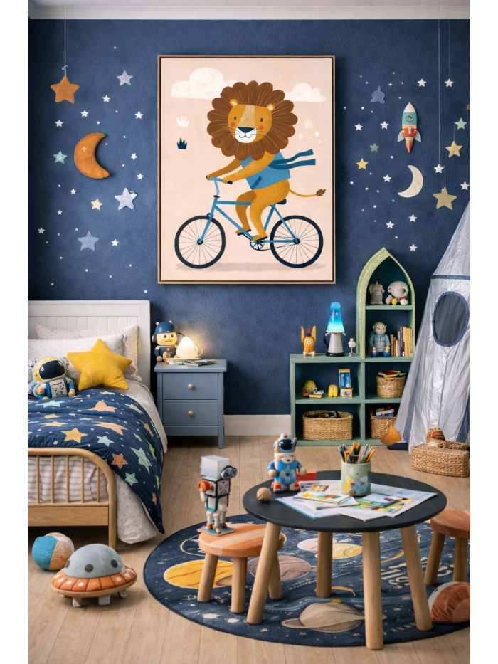 Whimsical Lion Bicycle Wall Art Print – Cute Animal Illustration for Nursery, Kids Room & Modern Home Decor