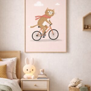 Cycling Cat Wall Art Print – Cute Animal Illustration for Kids Room, Nursery & Modern Home Decor