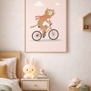 Cycling Cat Wall Art Print – Cute Animal Illustration for Kids Room, Nursery & Modern Home Decor