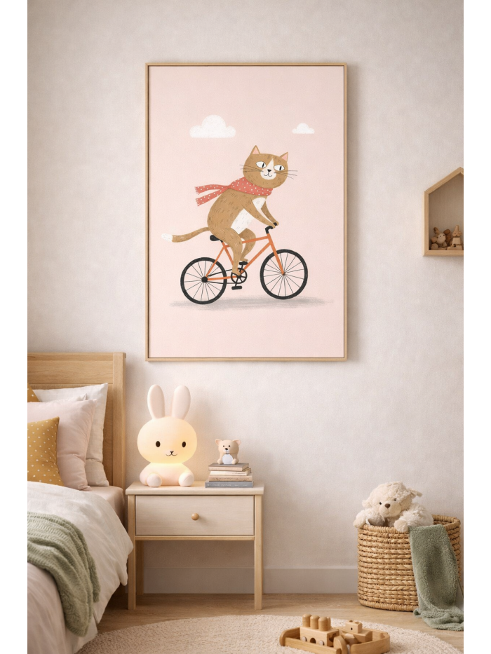 Cycling Cat Wall Art Print – Cute Animal Illustration for Kids Room, Nursery & Modern Home Decor