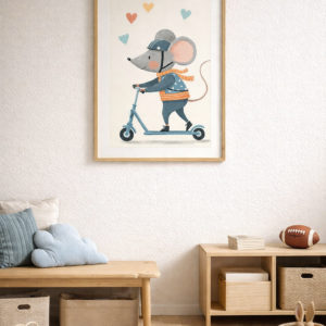 Whimsical Mouse Scooter Wall Art Print – Cute Animal Illustration for Nursery, Kids Room & Playroom Decor