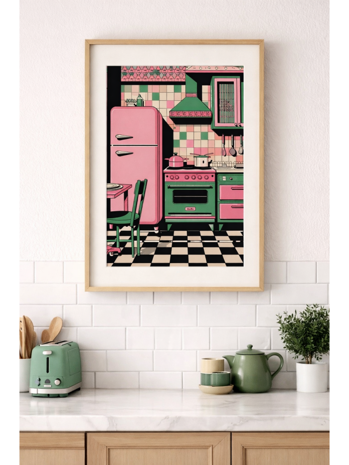 Retro Pink & Green Vintage Kitchen Wall Art Print, Mid-Century Modern Checkerboard Floor Illustration, Colorful Kitchen Decor Poster