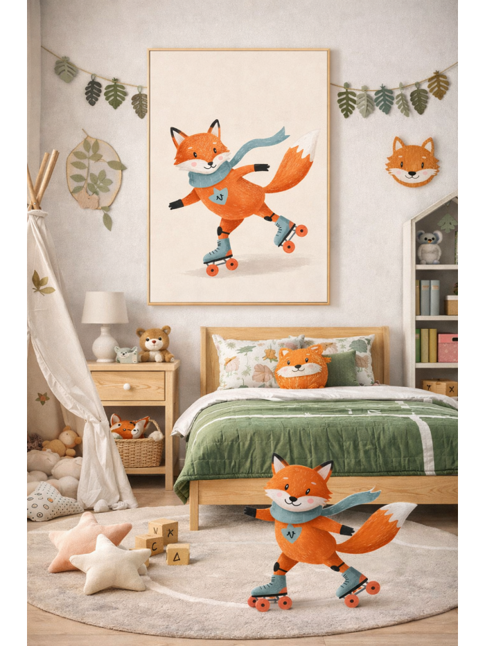 Roller Skating Fox Wall Art Print – Cute Woodland Animal Illustration for Kids Room, Nursery & Modern Home Decor