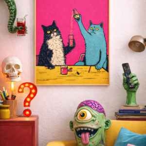 Cats Drinking Together Wall Art Print – Playful Retro Illustration with Bold Color
