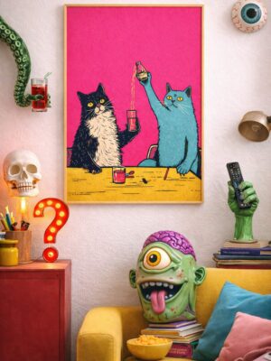 Cats Drinking Together Wall Art Print – Playful Retro Illustration with Bold Color