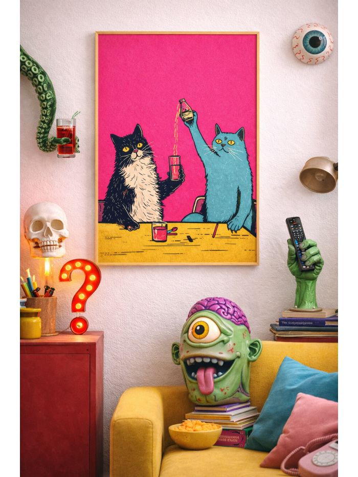 Cats Drinking Together Wall Art Print – Playful Retro Illustration with Bold Color