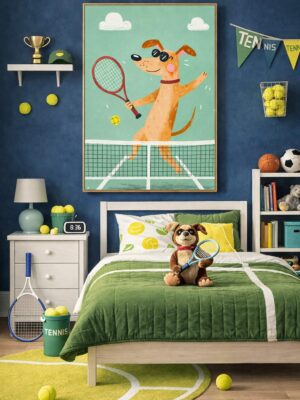 Tennis Dog Wall Art Print – Cool Sports Animal Illustration for Kids Room, Nursery & Modern Home Decor