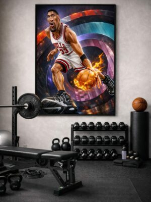 Scottie Pippen Chicago Bulls Wall Art – NBA Legend #33 Fire Dribble Illustration | Basketball Collector Artwork
