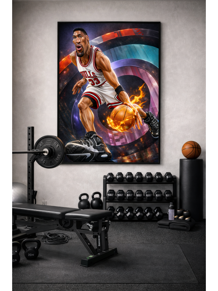 Scottie Pippen Chicago Bulls Wall Art – NBA Legend #33 Fire Dribble Illustration | Basketball Collector Artwork