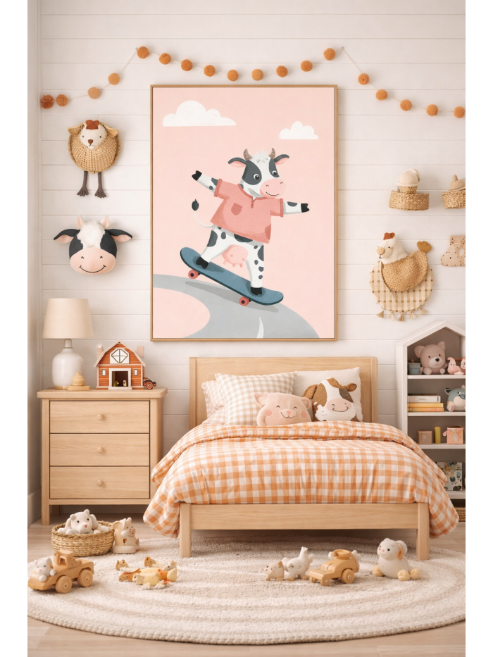 Skateboarding Cow Wall Art Print – Cute Farm Animal Illustration for Kids Room, Nursery & Modern Home Decor