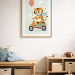 Whimsical Tiger Scooter Wall Art Print – Cute Animal Illustration for Nursery, Kids Room & Playroom Decor