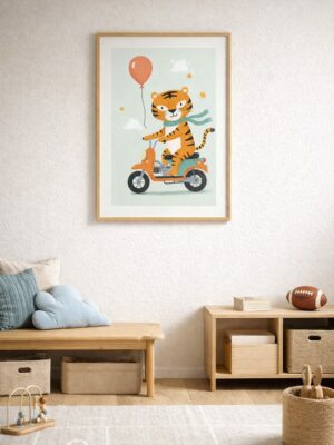 Whimsical Tiger Scooter Wall Art Print – Cute Animal Illustration for Nursery, Kids Room & Playroom Decor