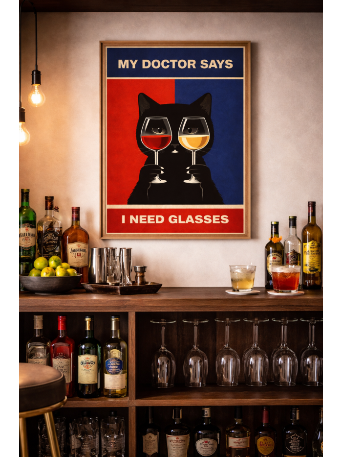 My Doctor Says I Need Glasses – Funny Cat Wine Wall Art Print
