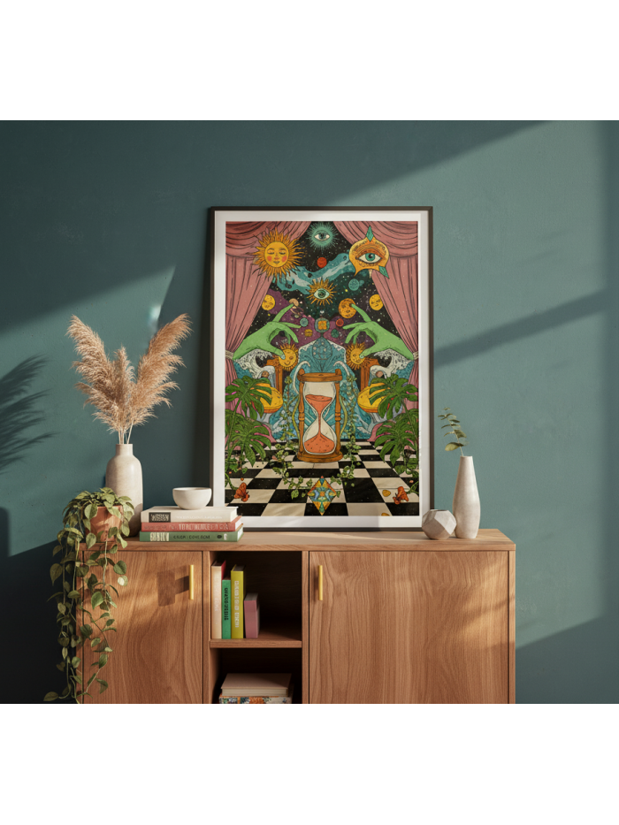 Psychedelic Hourglass Art Print, Cosmic Boho Wall Decor, Trippy Universe Illustration, Mystical Digital Download
