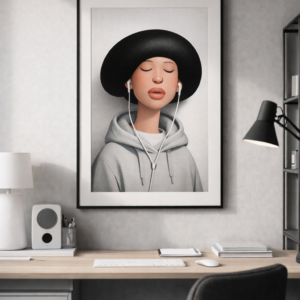Silent Mood Wall Art – Minimalist Woman Listening to Music Illustration Print