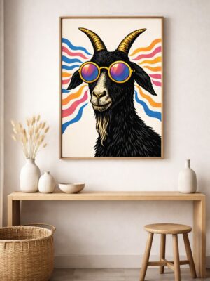 Psychedelic Goat with Sunglasses – Bold Animal Wall Art Print
