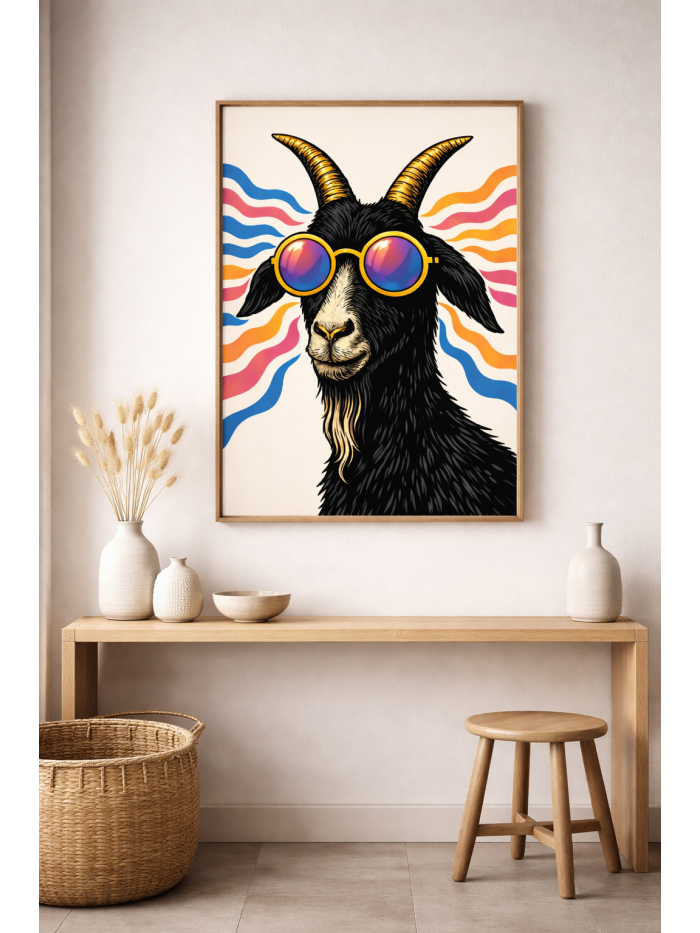 Psychedelic Goat with Sunglasses – Bold Animal Wall Art Print