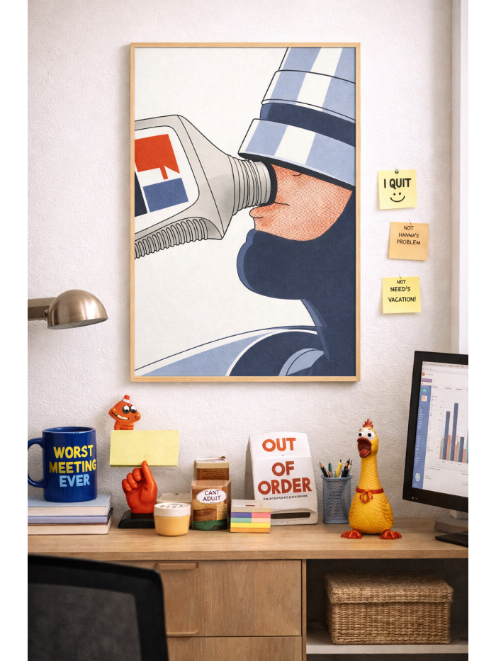 Superhero Drinking Motor Oil Wall Art Print – Automotive Humor Illustration