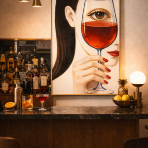 Surreal Wine Portrait Wall Art Print – Elegant Modern Illustration with Feminine Mood