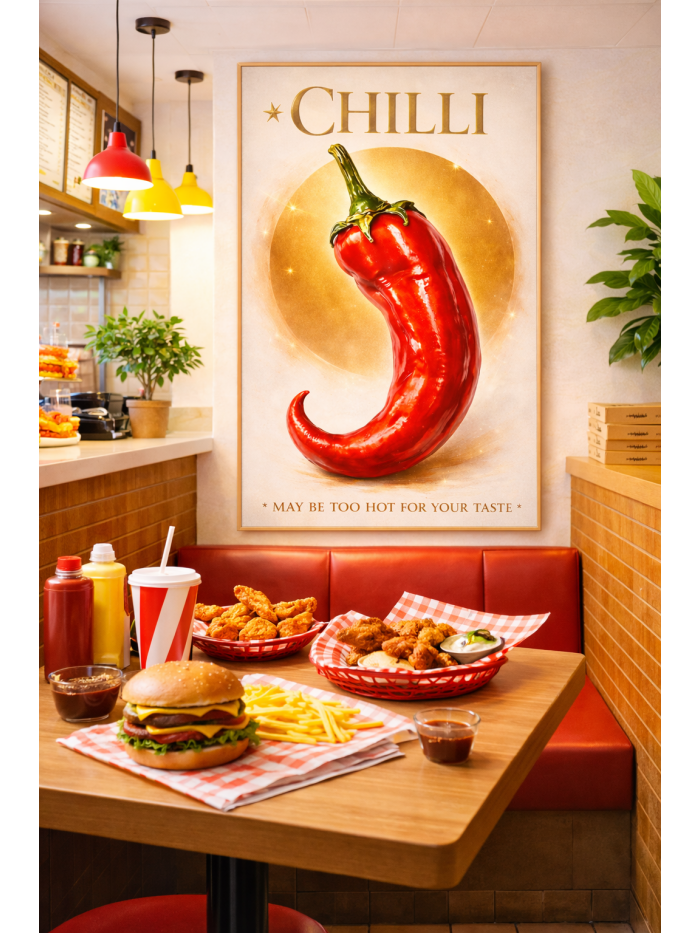 Chilli Wall Art Print – Bold Surreal Food Illustration with Luxe Golden Glow