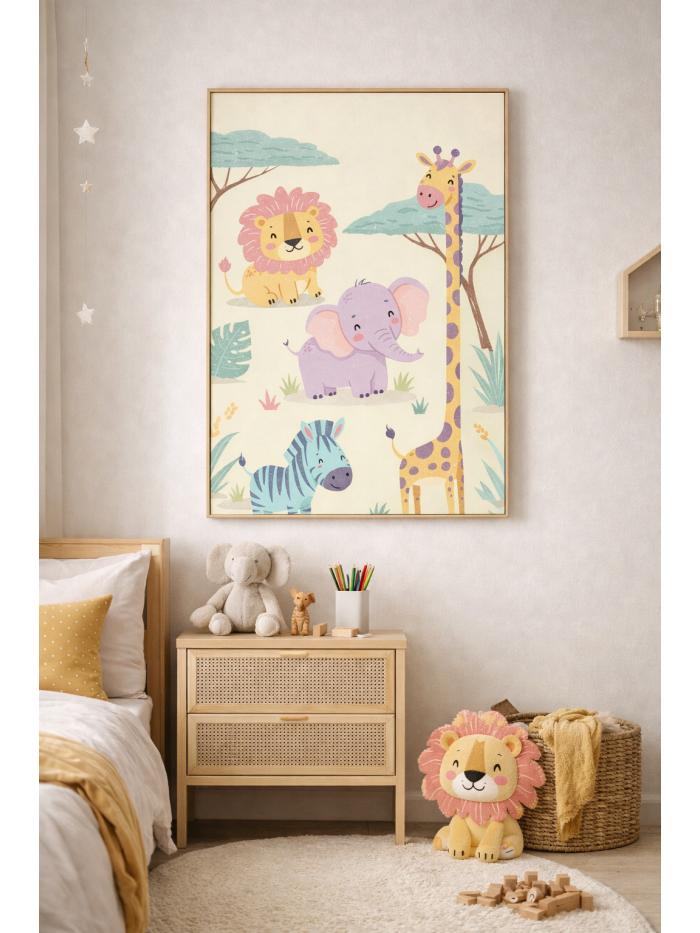 Cute Safari Animals Wall Art Print – Lion Elephant Giraffe Zebra Illustration for Kids Room, Nursery & Modern Home Decor