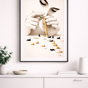 Surreal Cat Art Print, Minimalist Fantasy Illustration, Elegant Contemporary Wall Art, Dreamlike Cat Composition Poster