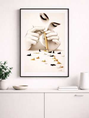 Surreal Cat Art Print, Minimalist Fantasy Illustration, Elegant Contemporary Wall Art, Dreamlike Cat Composition Poster