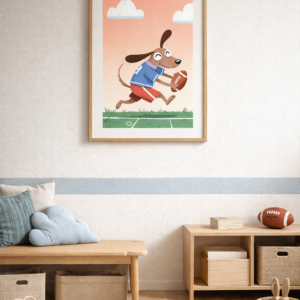 Whimsical Dog Football Wall Art Print – Cute Sports Animal Illustration for Nursery, Kids Room & Playroom Decor