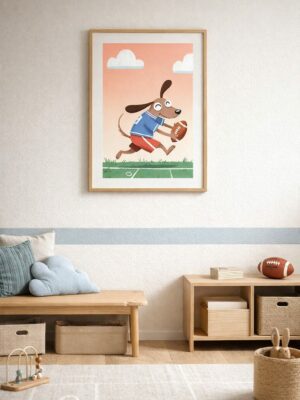 Whimsical Dog Football Wall Art Print – Cute Sports Animal Illustration for Nursery, Kids Room & Playroom Decor
