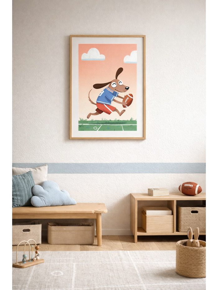 Whimsical Dog Football Wall Art Print – Cute Sports Animal Illustration for Nursery, Kids Room & Playroom Decor