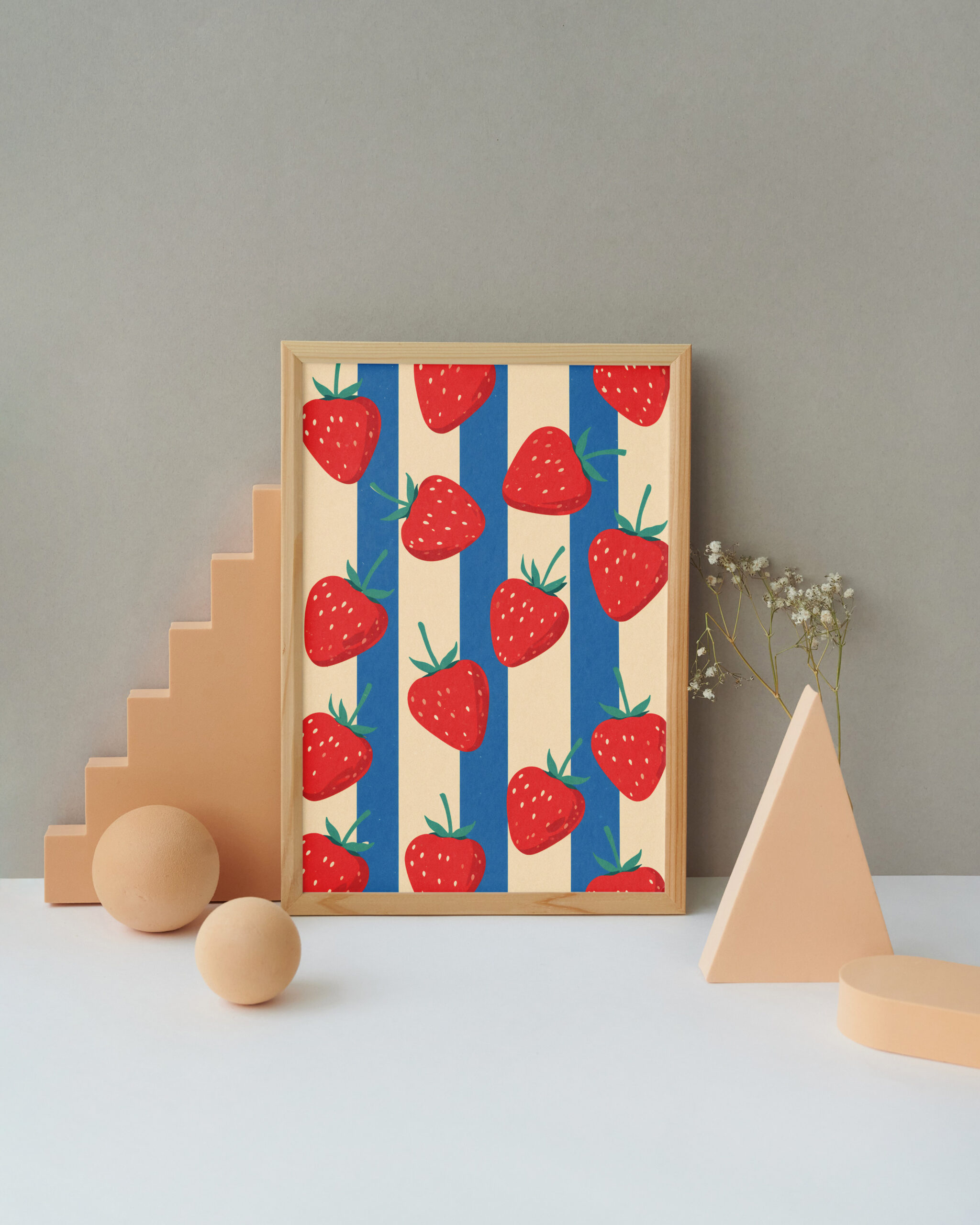 Strawberry Pattern Print: Red Berries on Blue Cream Stripes - Image 2