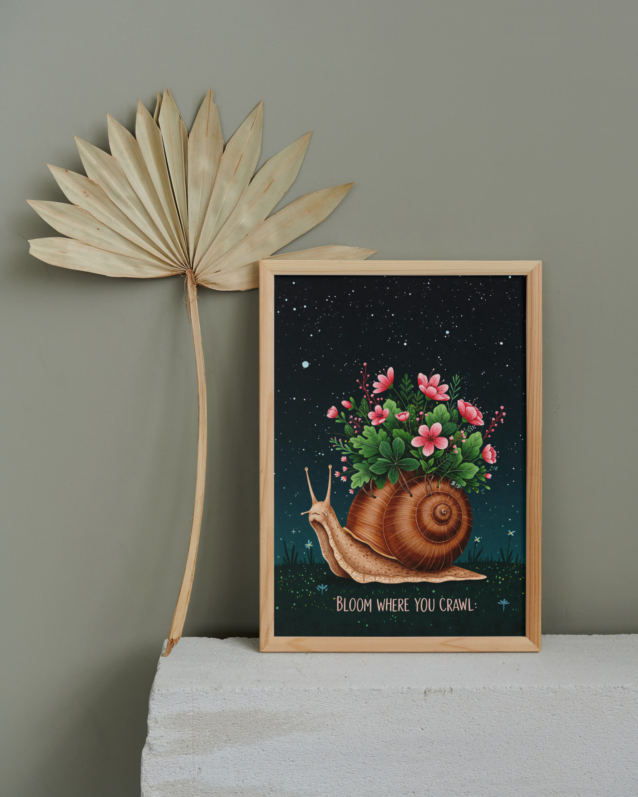 Whimsical Snail Wall Art | "Bloom Where You Crawl" Printable | Floral Night Sky Decor | Motivational Animal Poster - Image 2