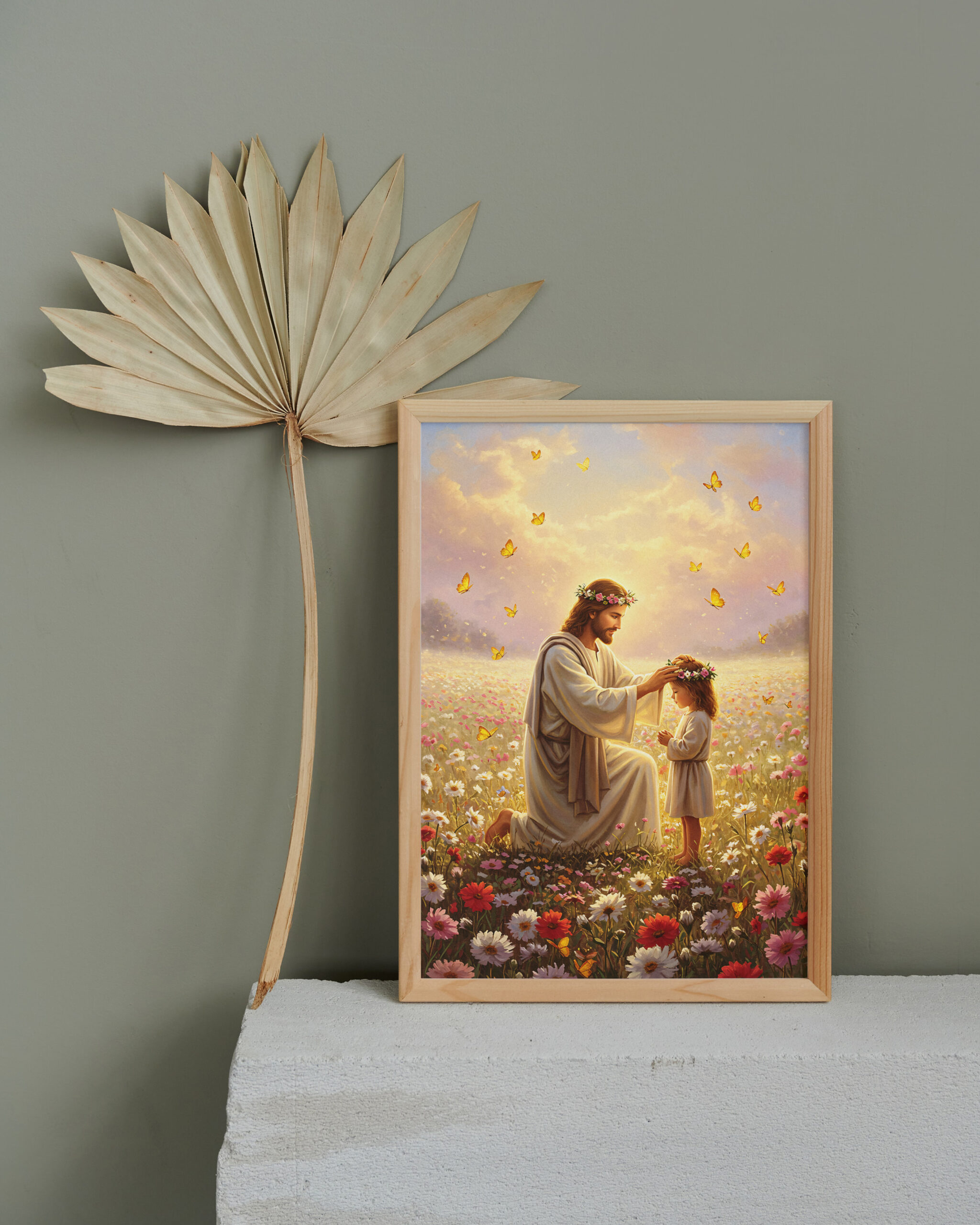 Christian Wall Art Jesus with Child in Flower Field | Inspirational Kids Print | Religious Poster for Faith & Grace Decor - Image 3