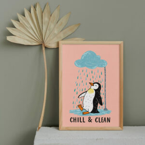 Cute Penguin Wall Art Print | Chill & Clean Illustration | Cozy Cartoon Bathroom Art | Feel-Good Minimal Wall Decor