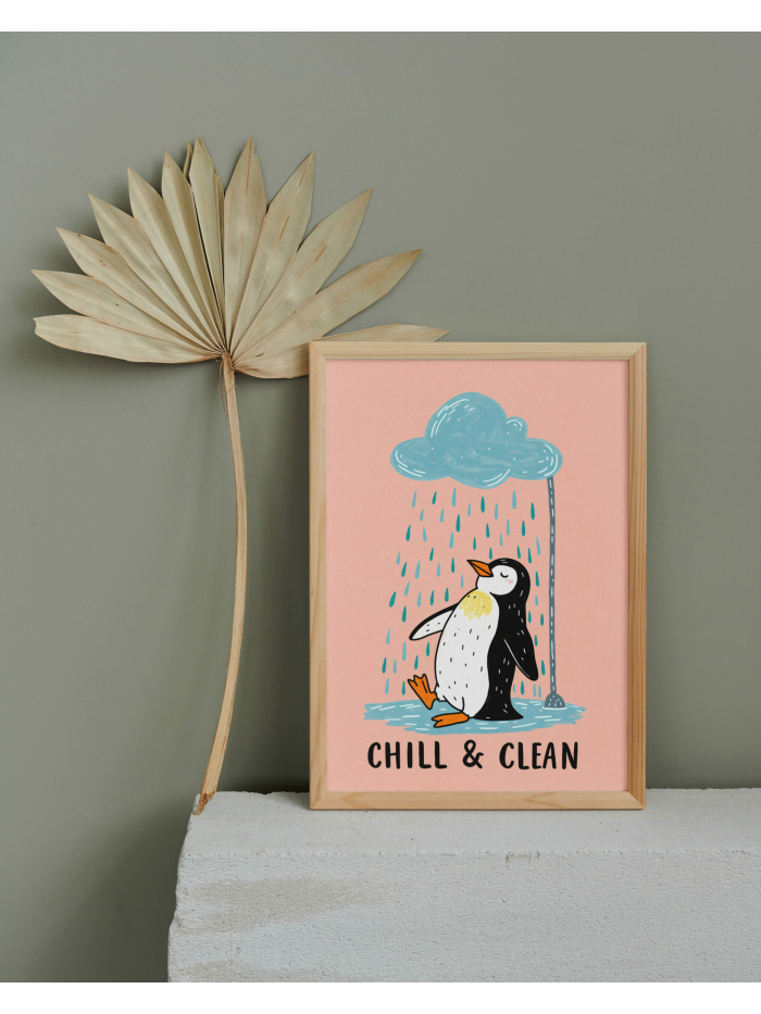 Cute Penguin Wall Art Print | Chill & Clean Illustration | Cozy Cartoon Bathroom Art | Feel-Good Minimal Wall Decor